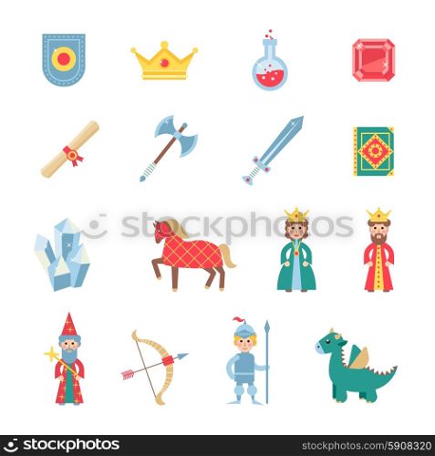Medieval games symbols flat icons set. Medieval games flat icons set with crowned knight heraldic shield and glaive flat abstract isolated vector illustration