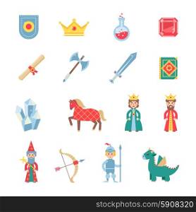 Medieval games symbols flat icons set. Medieval games flat icons set with crowned knight heraldic shield and glaive flat abstract isolated vector illustration