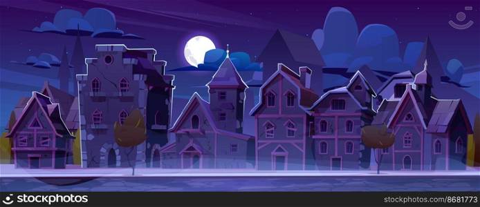 Medieval german street with half-timbered houses at night. Traditional european buildings in old town in moonlight. Vector cartoon landscape with fachwerk cottages, moon and stars on dark sky. Medieval town with half-timbered houses at night
