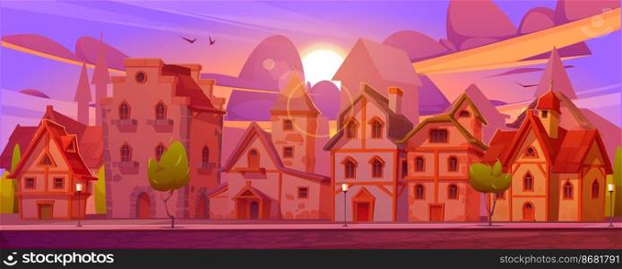 Medieval german street with half-timbered houses at sunset. Traditional european buildings in old town or village at evening. Vector cartoon landscape with fachwerk cottages and sun on purple sky. Medieval town with half-timbered houses at sunset
