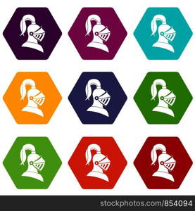 Medieval helmet icon set many color hexahedron isolated on white vector illustration. Medieval helmet icon set color hexahedron