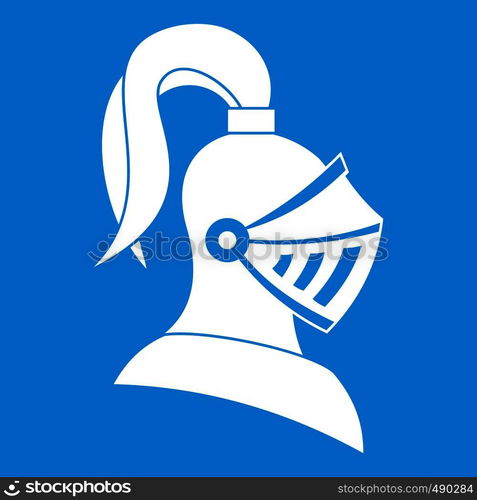 Medieval helmet icon white isolated on blue background vector illustration. Medieval helmet icon white