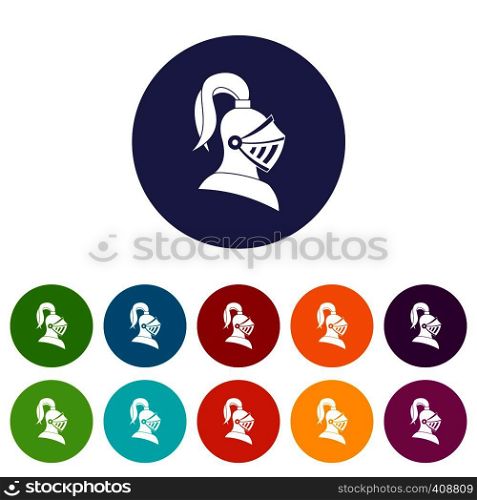 Medieval helmet set icons in different colors isolated on white background. Medieval helmet set icons