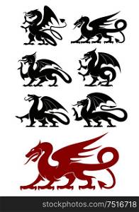 Medieval heraldic dragons black and red icons of powerful mythical beast with open wings and curved tails. Use as heraldic symbol, tattoo or mascot design. Medieval black heraldic dragons animals