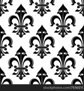 Medieval heraldic floral background of seamless black and white fleur-de-lis pattern. May be used as interior textile or luxury wallpaper design. Seamless floral royal pattern background