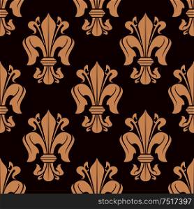 Medieval heraldic floral pattern of seamless beige fleur-de-lis ornament over maroon background for history and monarchy themes or fabric design with victorian leaf scrolls and flower buds. Medieval victorian seamless fleur-de-lis pattern