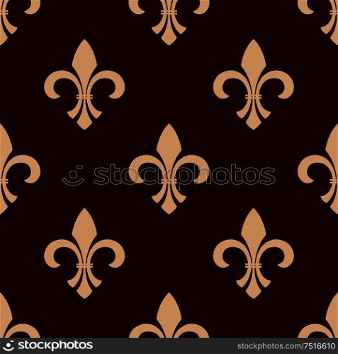 Medieval heraldic floral seamless pattern for interior wallpaper design with delicate beige fleur-de-lis ornament over brown background. Medieval brown royal fleur-de-lis pattern