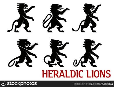 Medieval heraldic lion symbols with black silhouettes of standing lions with raised forepaws. Heraldry theme, coat of arms or vintage embellishment design. Medieval heraldic lions with raised forepaws