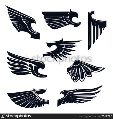 Medieval heraldry symbols of birds or mythical beasts wings with tribal stylized pointed feathering. Tattoo or coat of arms design elements. Heraldic wings for coat of arms design