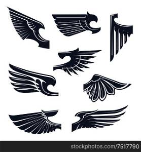 Medieval heraldry symbols of birds or mythical beasts wings with tribal stylized pointed feathering. Tattoo or coat of arms design elements. Heraldic wings for coat of arms design