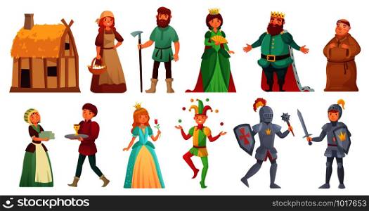 Medieval historical characters. Historic royal court alcazar knights, medieval peasant and king historic costume fairytale ancient aged isolated cartoon vector character icons set. Medieval historical characters. Historic royal court alcazar knights, medieval peasant and king isolated cartoon vector character