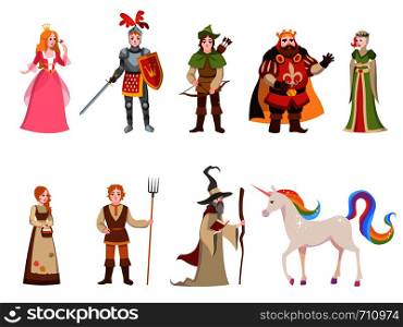 Medieval historical characters. Knight king queen prince princess fairy royal castle dragon horse witch set cartoon, fantasy vector collection. Medieval historical characters. Knight king queen prince princess fairy royal castle dragon horse witch set cartoon, vector collection