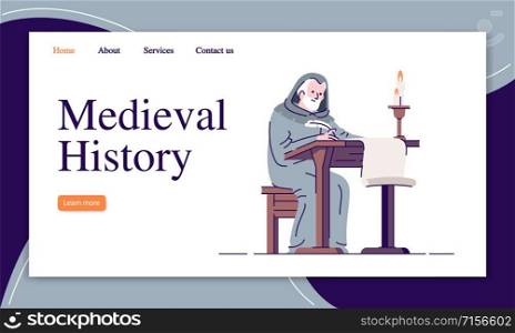 Medieval history landing page vector template. Middle Ages chronicle writing website interface idea with flat illustrations. Historical record homepage layout. Web banner, webpage cartoon concept