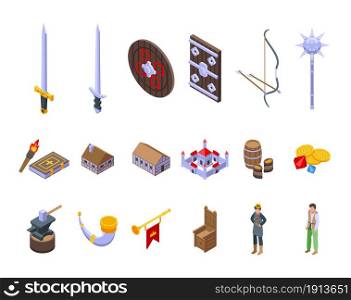 Medieval icons set isometric vector. History sword. Ancient people. Medieval icons set isometric vector. History sword