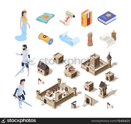 Medieval isometric buildings. Fairytale symbols warrior knights fortress spellbooks garish vector fantasy collection. Medieval isometric palace, castle building for game illustration. Medieval isometric buildings. Fairytale symbols warrior knights fortress spellbooks garish vector fantasy collection