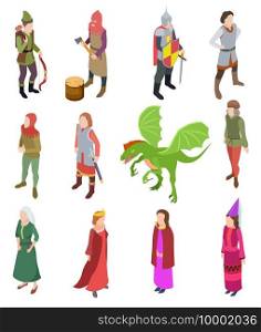 Medieval isometric characters. Knight dragon man royal ancient priest king warrior queen isolated 3d vector set. Illustration king medieval, executioner and lord, dragon and queen. Medieval isometric characters. Knight dragon man royal ancient priest king warrior queen isolated 3d vector set