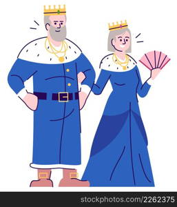 Medieval king and queen semi flat RGB color vector illustration. Standing figures. Happy couple. Live action role playing game. Medieval period people isolated cartoon characters on white background. Medieval king and queen semi flat RGB color vector illustration