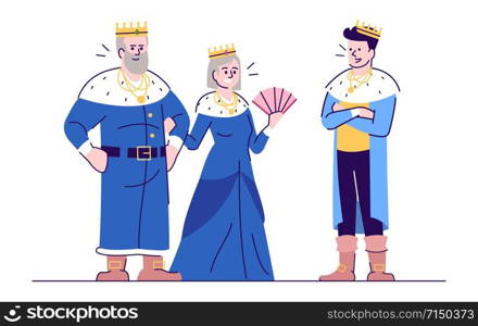 Medieval king, queen and prince flat vector illustration. Kingdom rulers with son isolated cartoon characters with outline elements on white background. Fairytale personages, kingdom rulers