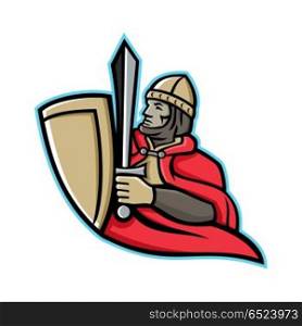 Medieval King Regnant Mascot. Mascot icon illustration of a medieval king or knight wielding a sword and shield from waist up viewed from side on isolated background in retro style.. Medieval King Regnant Mascot