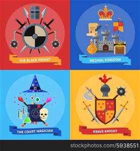 Medieval kingdom armored knights warriors and court magician 4 flat icons square banner abstract isolated vector illustration. Knights concept 4 flat icons square