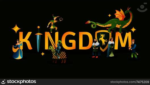 Medieval kingdom golden lettering decorated with king queen dragon fairy tale characters title heading black background vector illustration