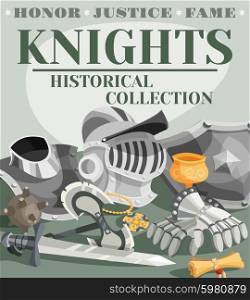 Medieval knight armor cartoon poster with metal helmet gloves and sword vector illustration. Knight Poster Illustration