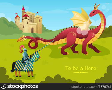 Medieval knight hero duels huge fire breathing dragon outside royal castle flat fairy tale scene vector illustration