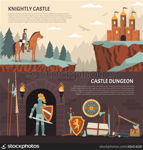 Medieval Knight Horizontal Banners. Medieval knight horizontal banners with knightly castle and castle dungeon decorative compositions flat vector illustration