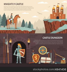 Medieval Knight Horizontal Banners. Medieval knight horizontal banners with knightly castle and castle dungeon decorative compositions flat vector illustration