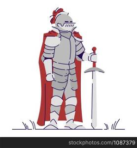 Medieval knight in heavy metal armor flat vector illustration. Historic warrior with sword isolated cartoon character with outline elements on white background. Middle age soldier. Fantasy personage