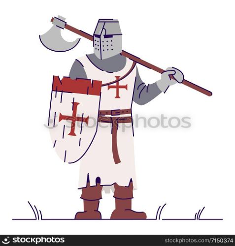 Medieval knight with axe flat vector illustration. Historical crusader wih shield isolated cartoon character with outline elements on white background. Armored fighter. Middle ages personage