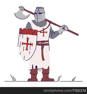 Medieval knight with axe flat vector illustration. Historical crusader wih shield isolated cartoon character with outline elements on white background. Armored fighter. Middle ages personage