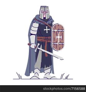 Medieval knight with sword and shield flat vector illustration. Armored templar isolated cartoon character with outline elements on white background. Ancient warrior. Fantasy personage
