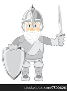 Medieval knight with weapon on white background is insulated. Cartoon of the ancient warrior in defensive send and panoply
