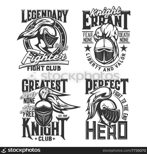 Medieval knights and warriors t-shirt prints. Fighting club clothing custom design print templates. Monochrome vector knight armor, metal helmet with feather plume and shield. Medieval knights warrior t-shirt vector print