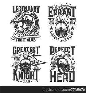 Medieval knights and warriors t-shirt prints. Fighting club clothing custom design print templates. Monochrome vector knight armor, metal helmet with feather plume and shield. Medieval knights warrior t-shirt vector print