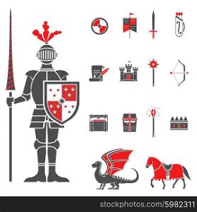 Medieval knights black red icons set . Medieval castle knight with lance and shield icons set and dragon red black abstract isolated vector illustration
