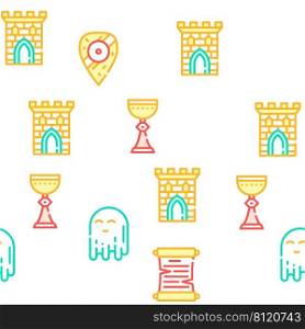 Medieval Middle Age Collection Vector Seamless Pattern Color Line Illustration. Medieval Middle Age Collection Icons Set Vector