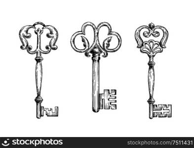 Medieval ornamental vintage keys composed with swirl elements and victorian leaf scrolls. Three medieval vintage keys sketches