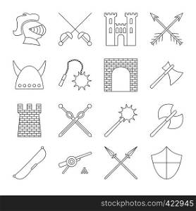 Medieval outline icons set. 16 simple black symbols on a white background. Medieval outline icons set