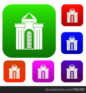 Medieval palace set icon color in flat style isolated on white. Collection sings vector illustration. Medieval palace set color collection