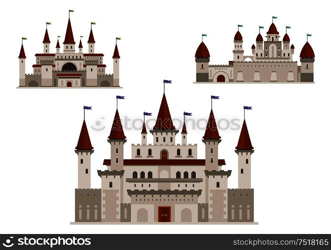 Medieval palaces or royal castles, ancient fort or residential mansion with towers and spires with flags, antique gate. Buildings in cartoon style for history or childish, fairytale books design. Medieval palaces or castles with towers and spires