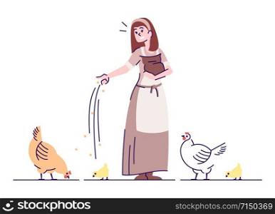 Medieval peasant girl feeding fowl flat vector illustration. Farmer with chickens isolated cartoon characters with outline elements on white background. Ancient animal breeding and agriculture