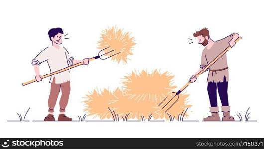 Medieval peasants stacking hay flat vector illustration. Farmers with pitchforks isolated cartoon characters with outline elements on white background. Ancient harvesting and agriculture