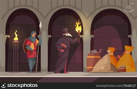Medieval people plague healer composition with two people in the corridors of a medieval castle vector illustration