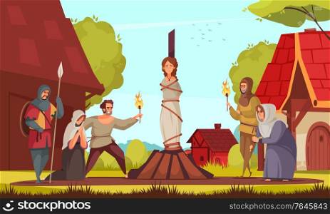 Medieval people witch composition woman tied to stake people came to the execution vector illustration