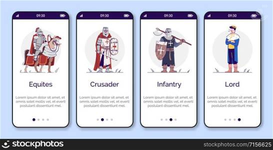 Medieval personages onboarding mobile app page screen vector template. Four walkthrough website steps with flat cartoon characters. Old age king and knights. UX, UI, GUI smartphone interface concept