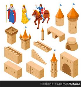 Medieval Royal Castle Isometric Set. Medieval castle elements isometric set including towers and walls bridge gate and royal family isolated vector illustration