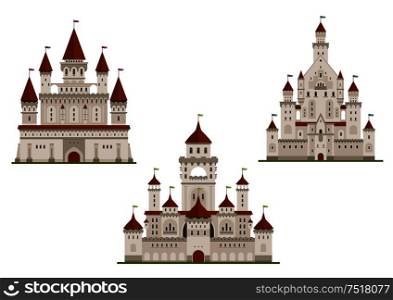 Medieval royal castle or fort, palace or stronghold with towers and archs, gates and flags on spires. Cartoon flat style buildings isolated on white for fairytale, history or childish books design. Medieval royal castle and palaces