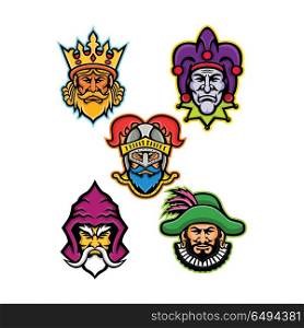 Medieval Royal Court Mascot Collection. Mascot icon illustration set of heads of the European medieval royal court figures like the king or monarch, court jester or fool, knight, wizard or sorcerer and the minstrel viewed from front on isolated background in retro style.. Medieval Royal Court Mascot Collection